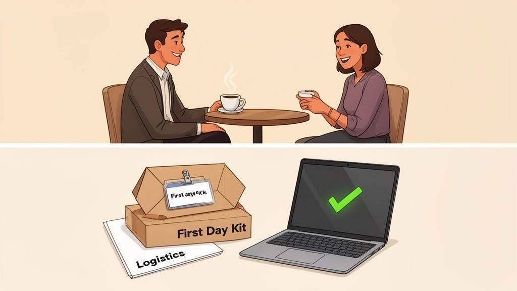Two people discuss at a coffee table above a new employee's first day kit and laptop.