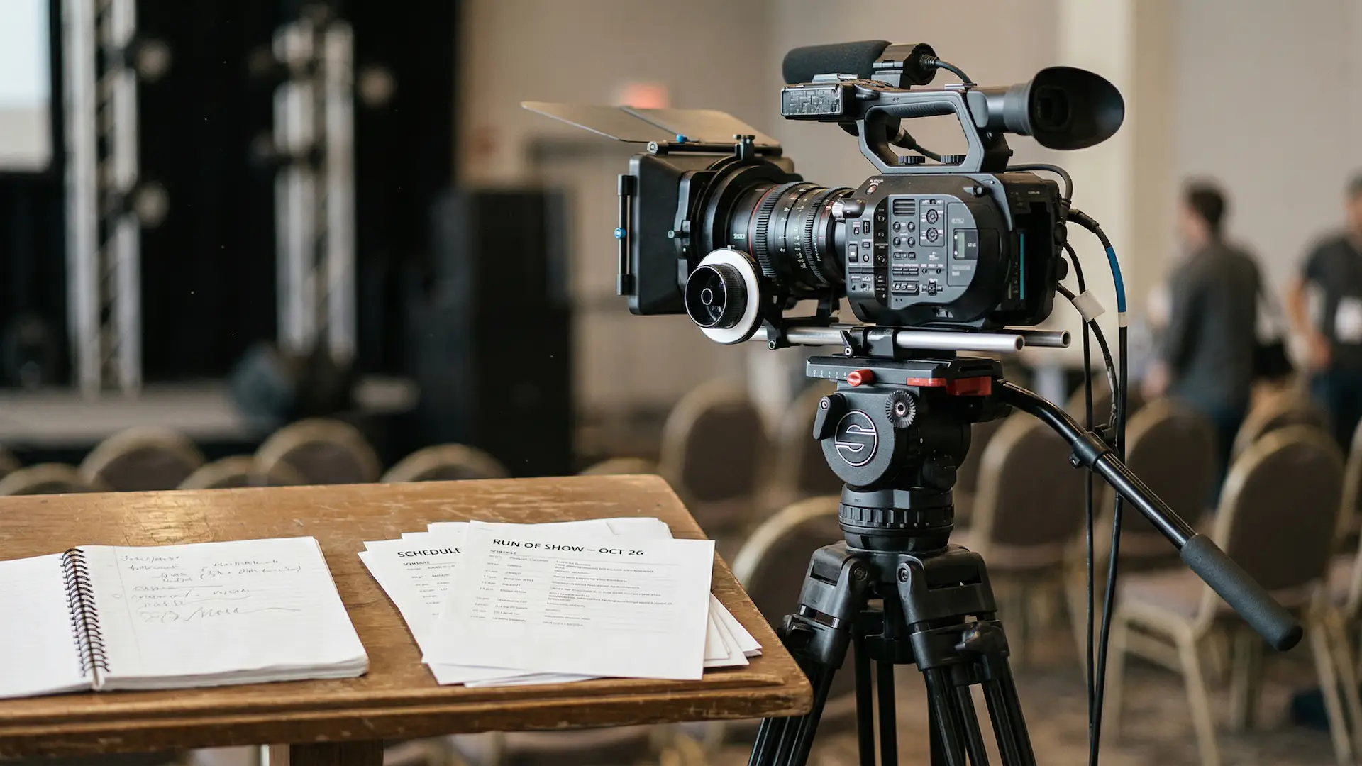 Professional video camera on a tripod in focus beside printed notes on a table, with a blurred audience and event setup in the background