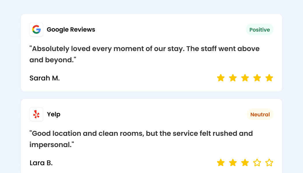 A mockup showing a feed of incoming reviews from different platforms. It features a positive 5-star Google Review from Sarah M. and a neutral Yelp review about service speed, illustrating real-time monitoring across multiple sites.