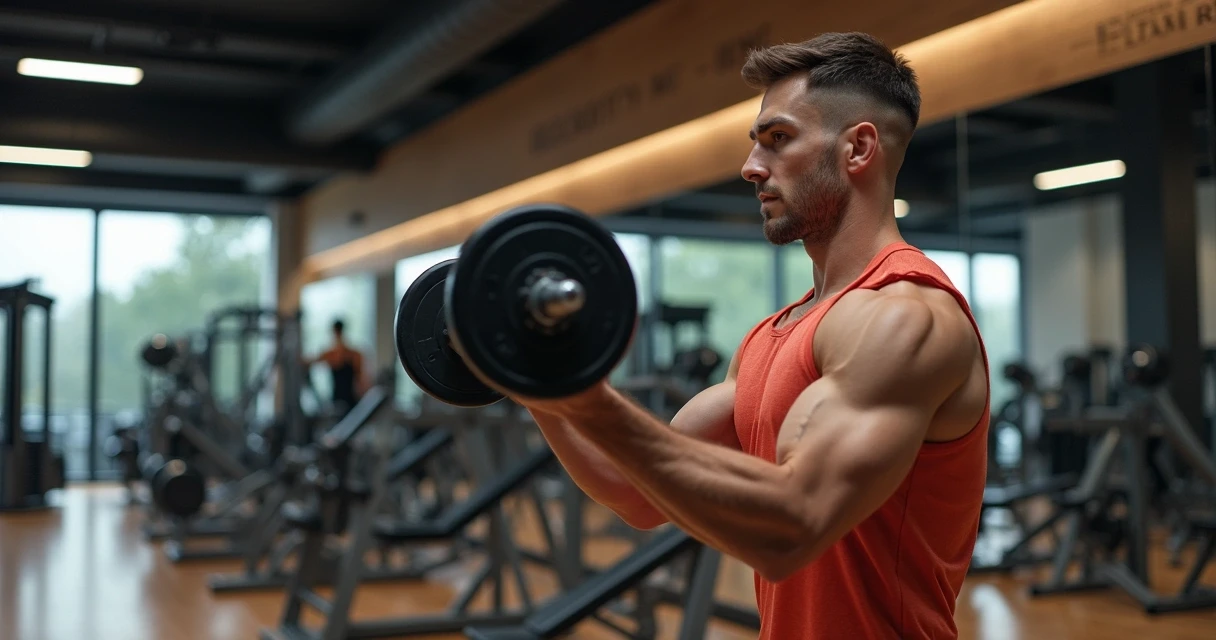Homem em roupa esportiva treinando com pesos na academia moderna 