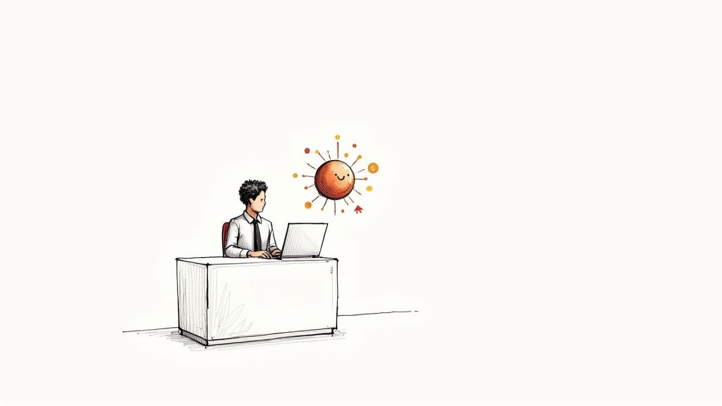 Illustration of a person using a laptop with a smiling AI network icon floating nearby.