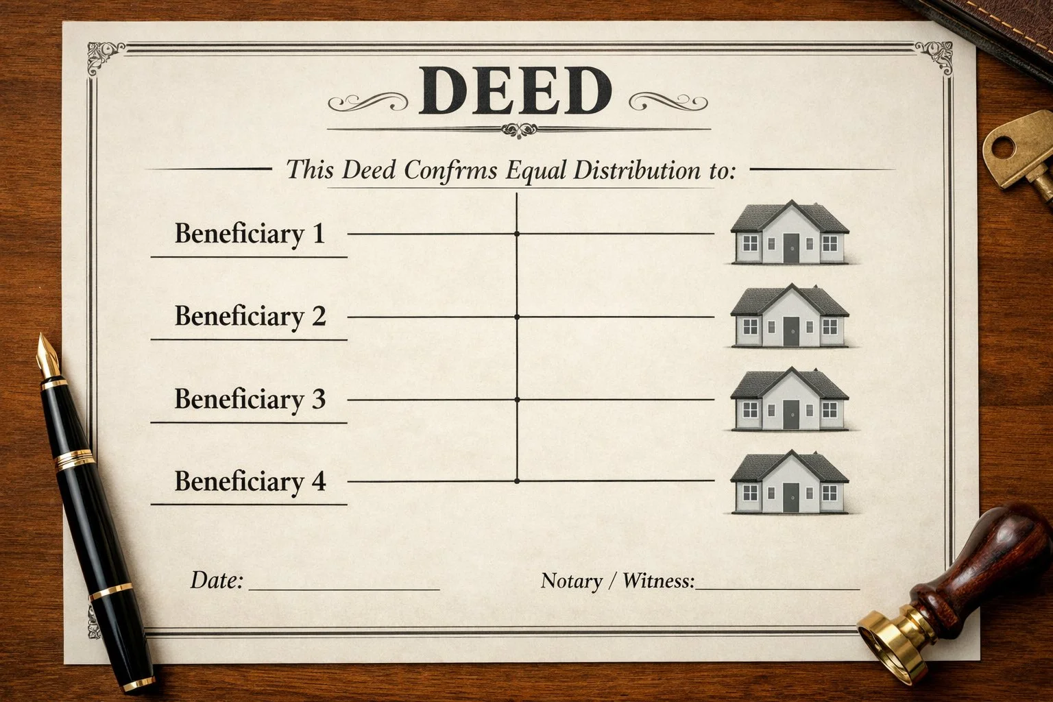 Deed document with clearly separated beneficiary lines, each connected to identical house icons, representing equal ownership shares.