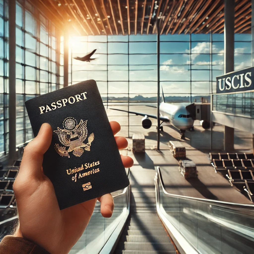 A hand holding a U.S. passport and a travel document at an airport terminal, representing the need for USCIS Form I-131 for international travel.