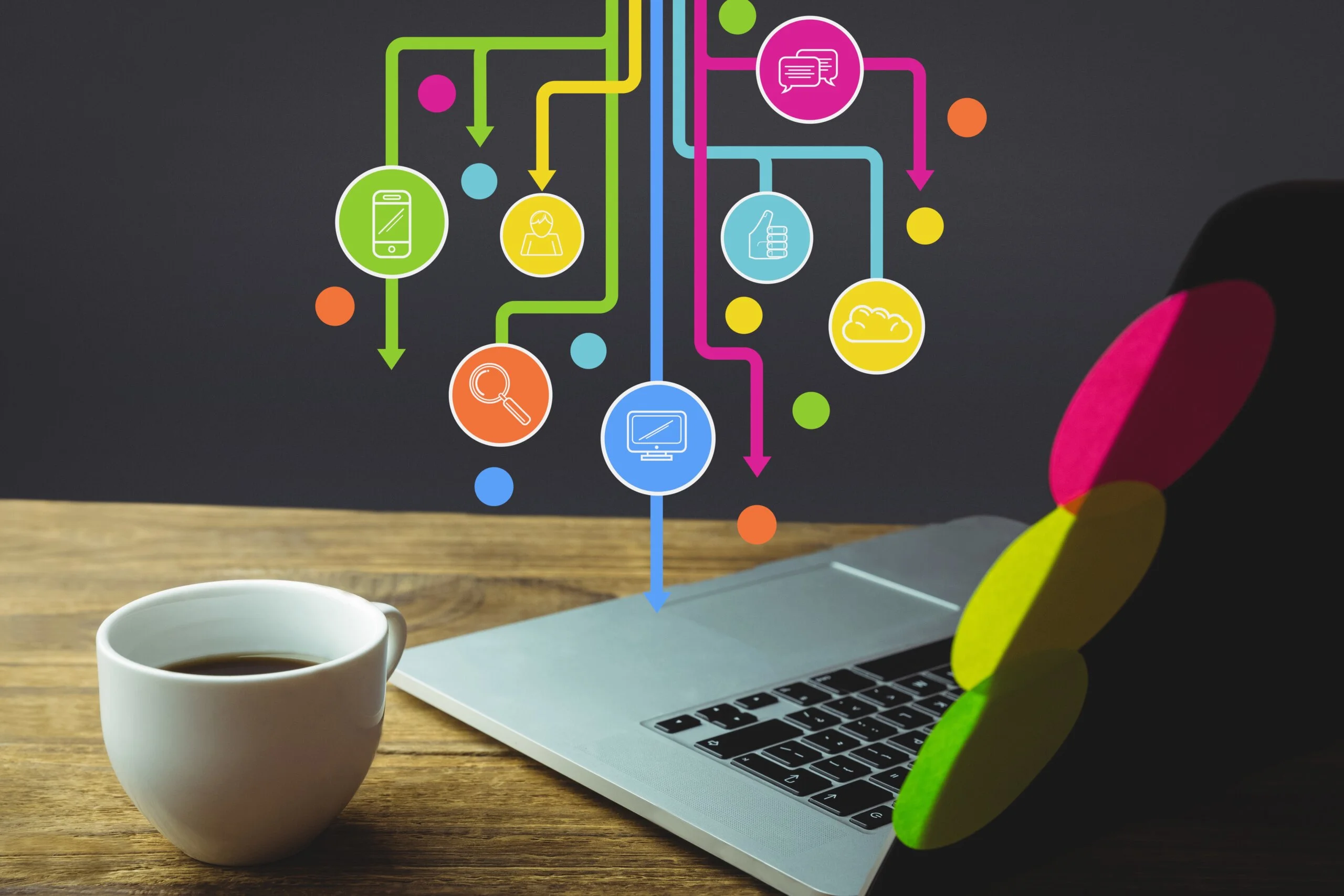 A laptop with academic research icons and arrows pointing toward it, symbolizing digital learning and research tools. A coffee mug sits beside it, representing focused student work. This image highlights the online tools high school students can use for RISE Research and education through RISE Global programs