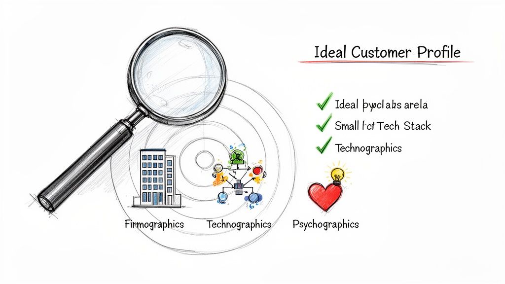 An illustration showing ideal customer profile components: firmographics, technographics, and psychographics, under a magnifying glass.