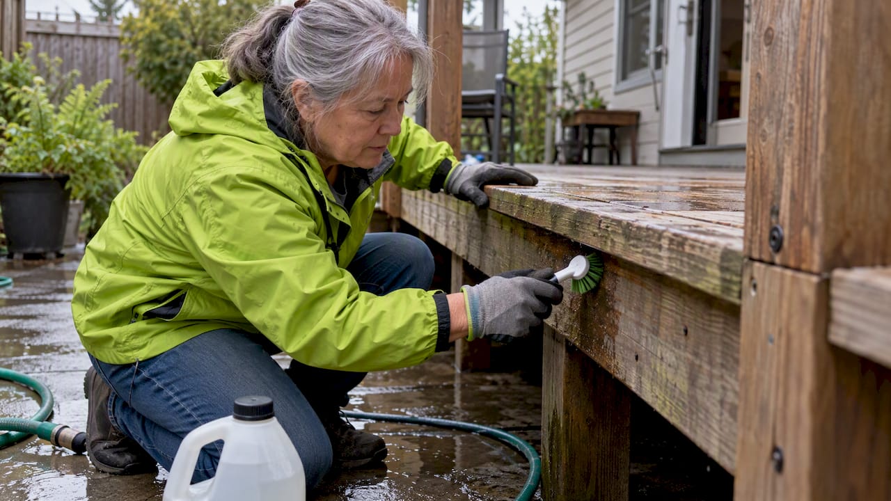 Homeowner testing cleaner on hidden deck board