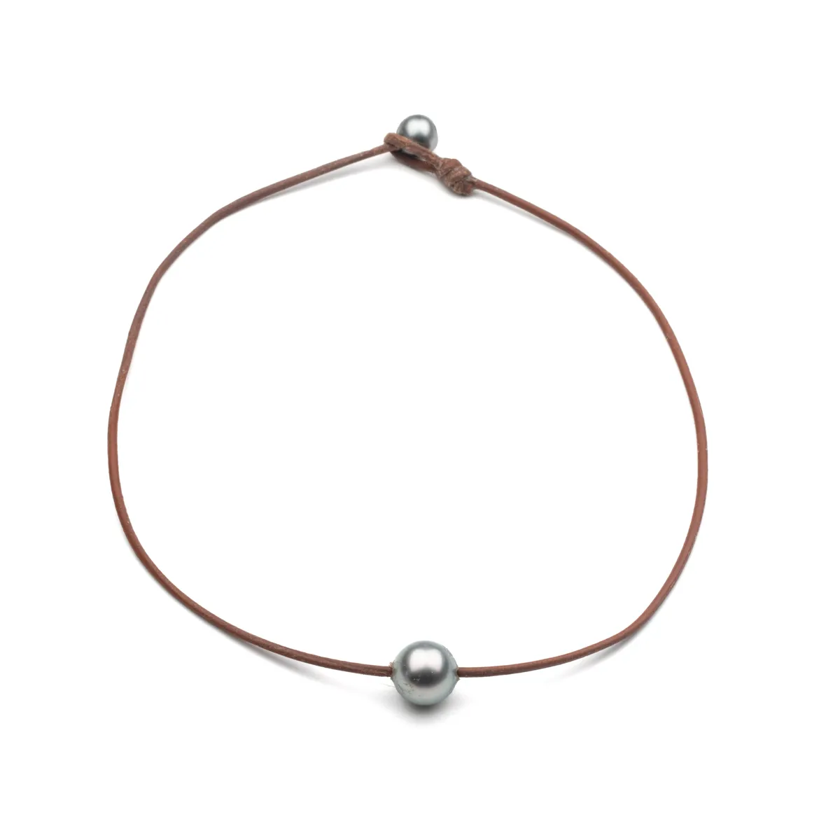 Tahitian Pearl leather choker necklace with silver-grey round pearl on natural brown leather cord and pearl toggle closure — Manos de Oro Saint Barth