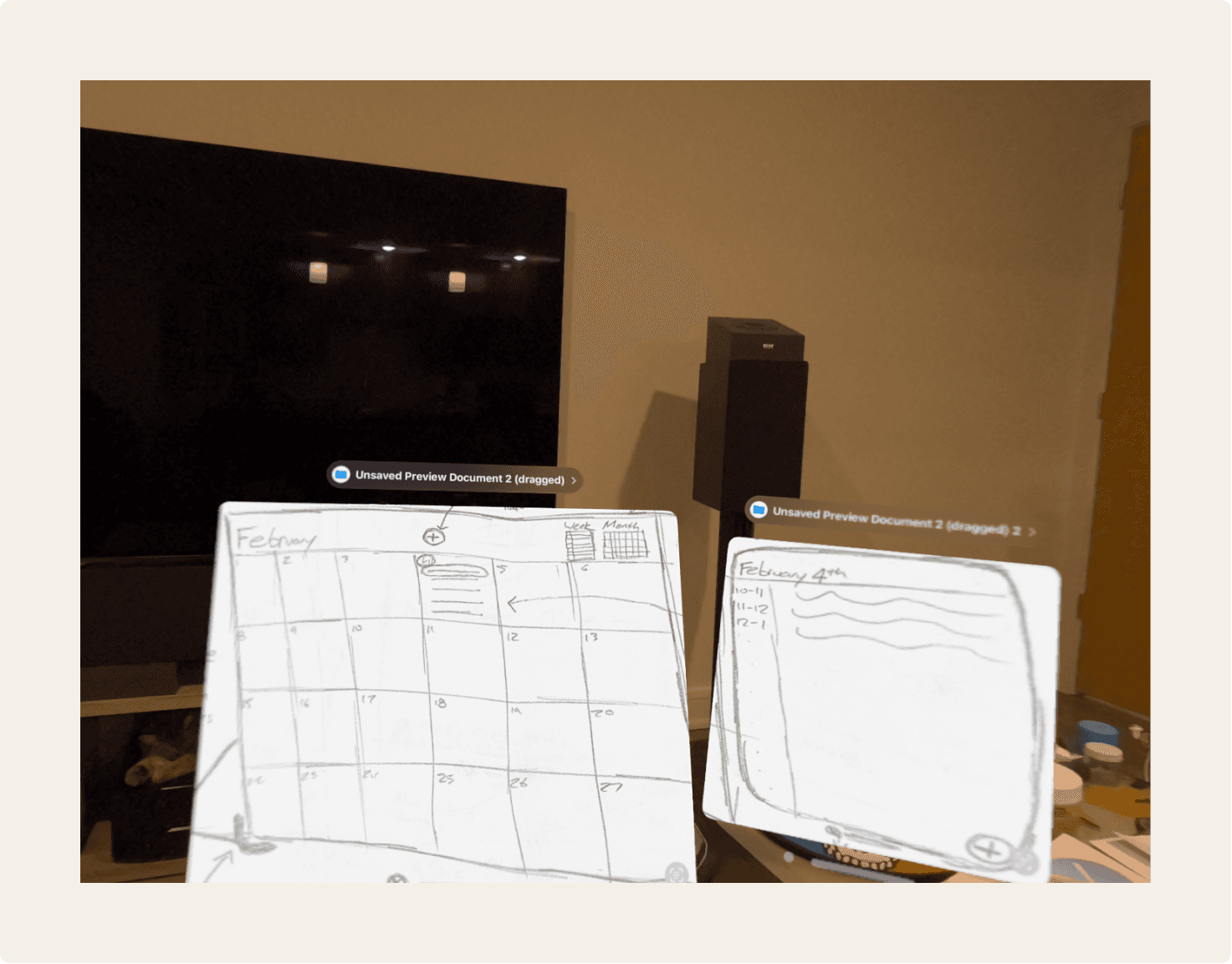 Mixed Reality Calendar sketches viewd in mixed reality on vision pro