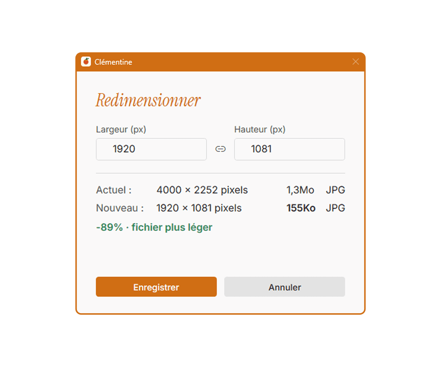 Fenêtre de redimension d'image de l'application Clémentine avec affichage de la taille et du poids actuel de l'image ainsi que de la nouvelle taille et du nouveau poids