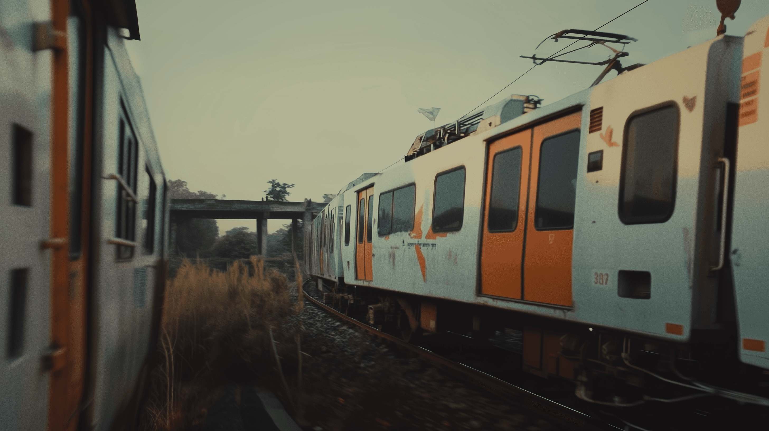 A white and orange train passing by, in the style of Wes Anderson, a film still from the movie 'Kopara' directed by R Unified Studio in India. The scene shows an exterior shot of the moving carriages of a futuristic Indian train or metro that passes through rural areas. Shot on an Arri Alexa camera with Panavision lenses, achieved through the use of Canon K35 prime lenses. The lighting is cinematic in nature., and the image has a grainy film stock appearance, with a white and orange color scheme. The image was captured using a high-quality camera with the lens set to an aperture of f/4 to capture the intricate details of the scene in a raw