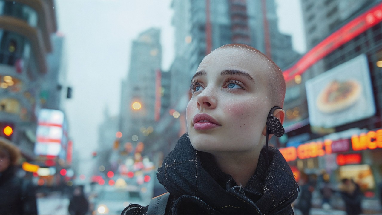 A beautiful young woman wearing Emotiv MN8 EEG earbuds wanders through the misty streets of New York with a peaceful look on her face.