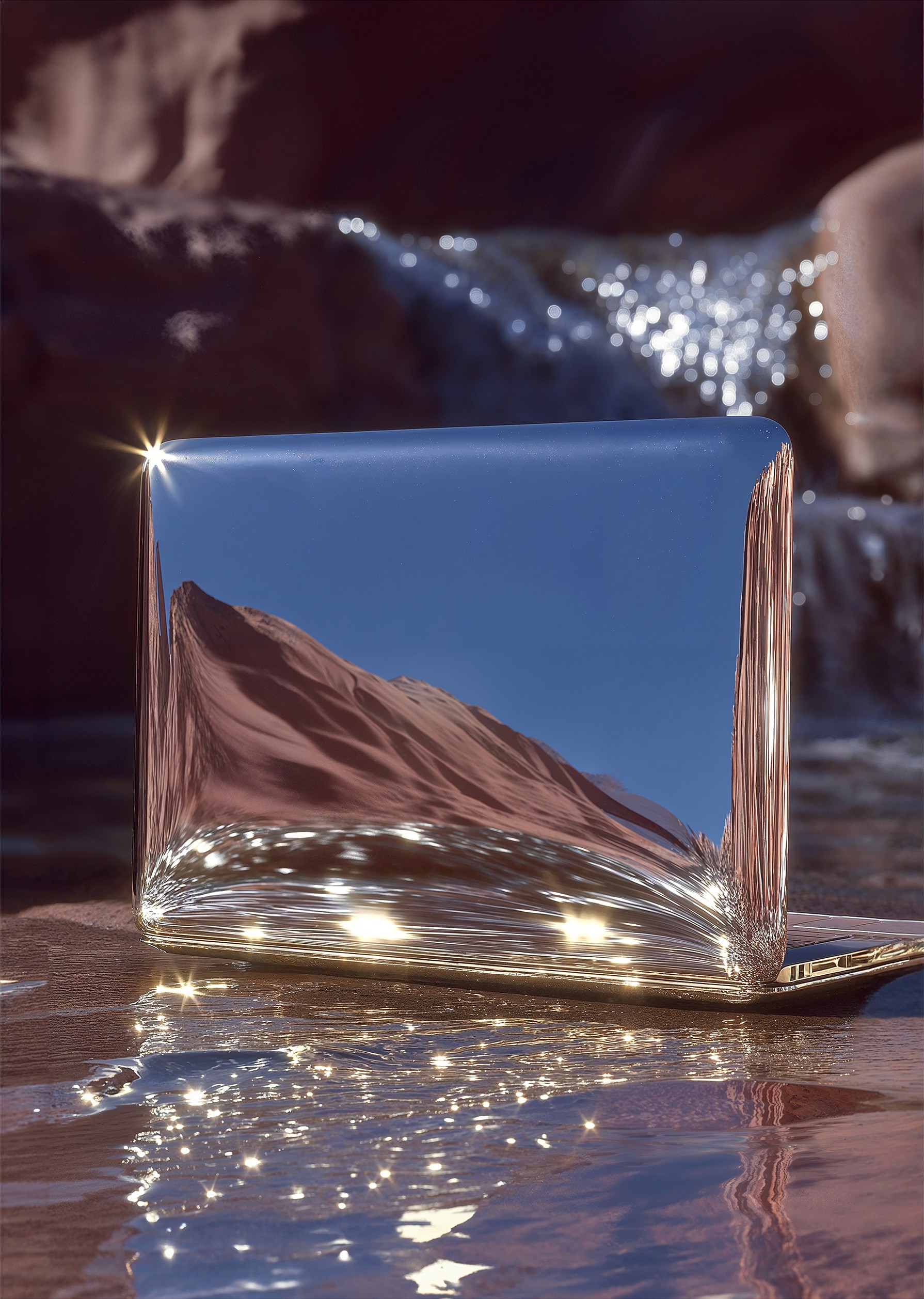 Editorial visual – fully mirrored laptop in rose gold and chrome, reflecting desert mountains and blue sky, placed at the foot of a waterfall with sparkling light reflections.