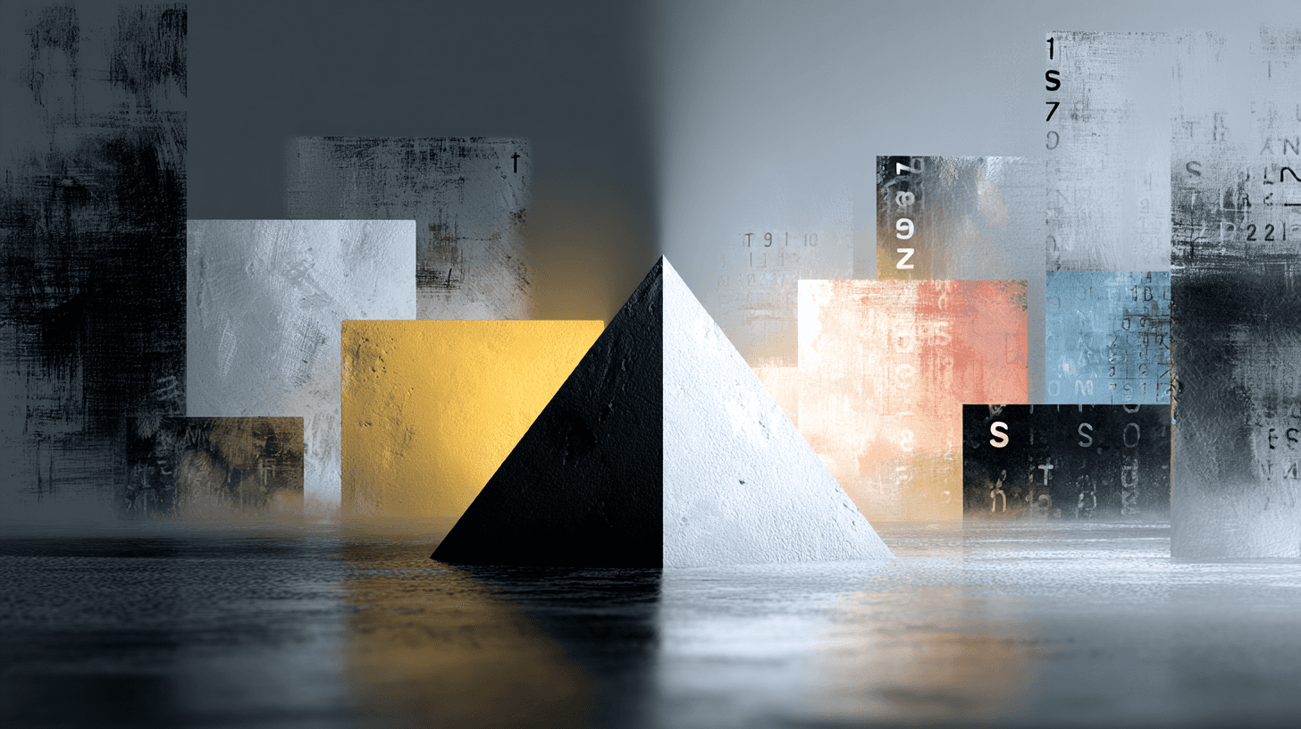 left side expressive abstract art with chaotic brush strokes, right side structured grid-based design system, typography and layout, contrast between emotion and logic