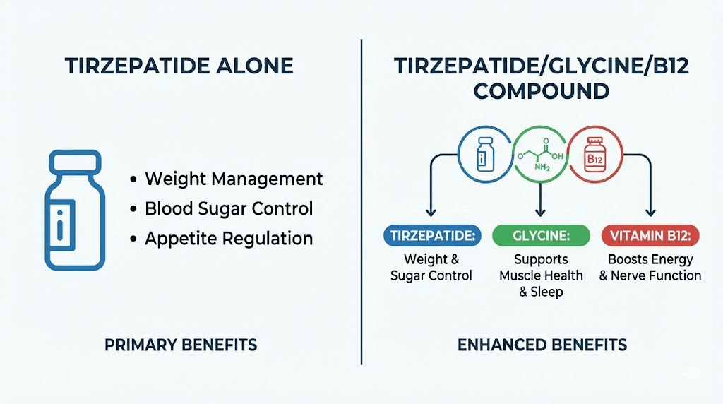 Tirzepatide alone versus tirzepatide glycine B12 compound benefits comparison