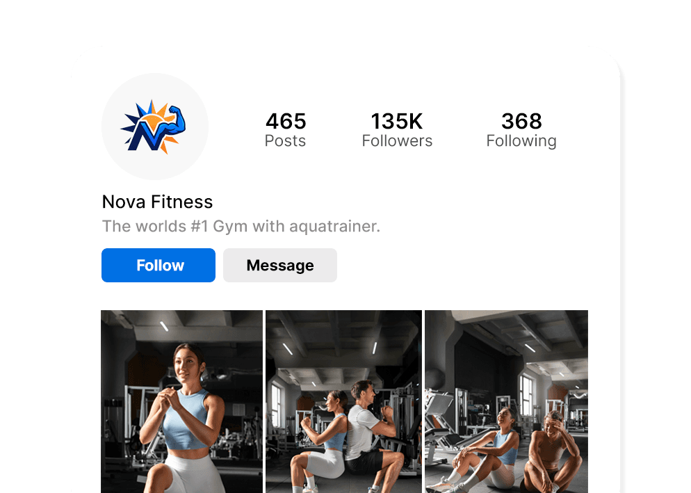 Nova Fitness profile with flexing arm logo, follower stats, and photos of people exercising in a gym.