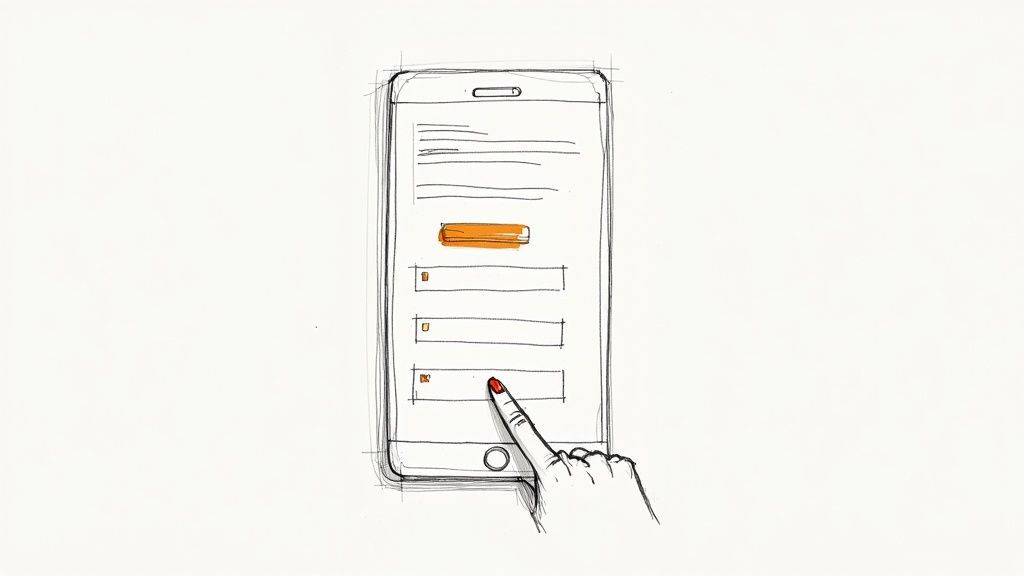 A hand holding a smartphone, with a finger about to tap a well-designed, touch-friendly button on a mobile website interface.