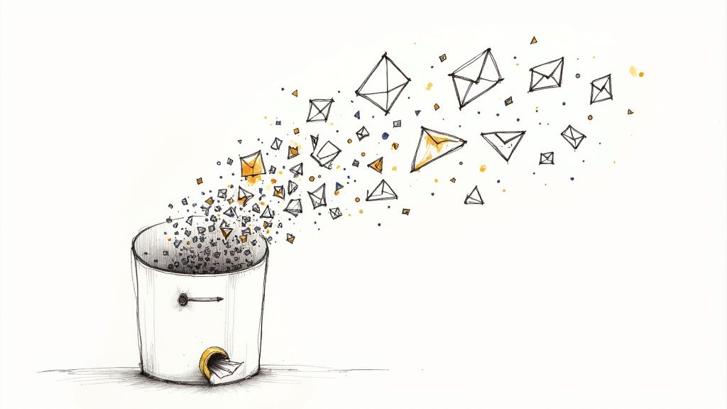 Illustrated inbox overflowing with envelope icons representing incoming emails and messages