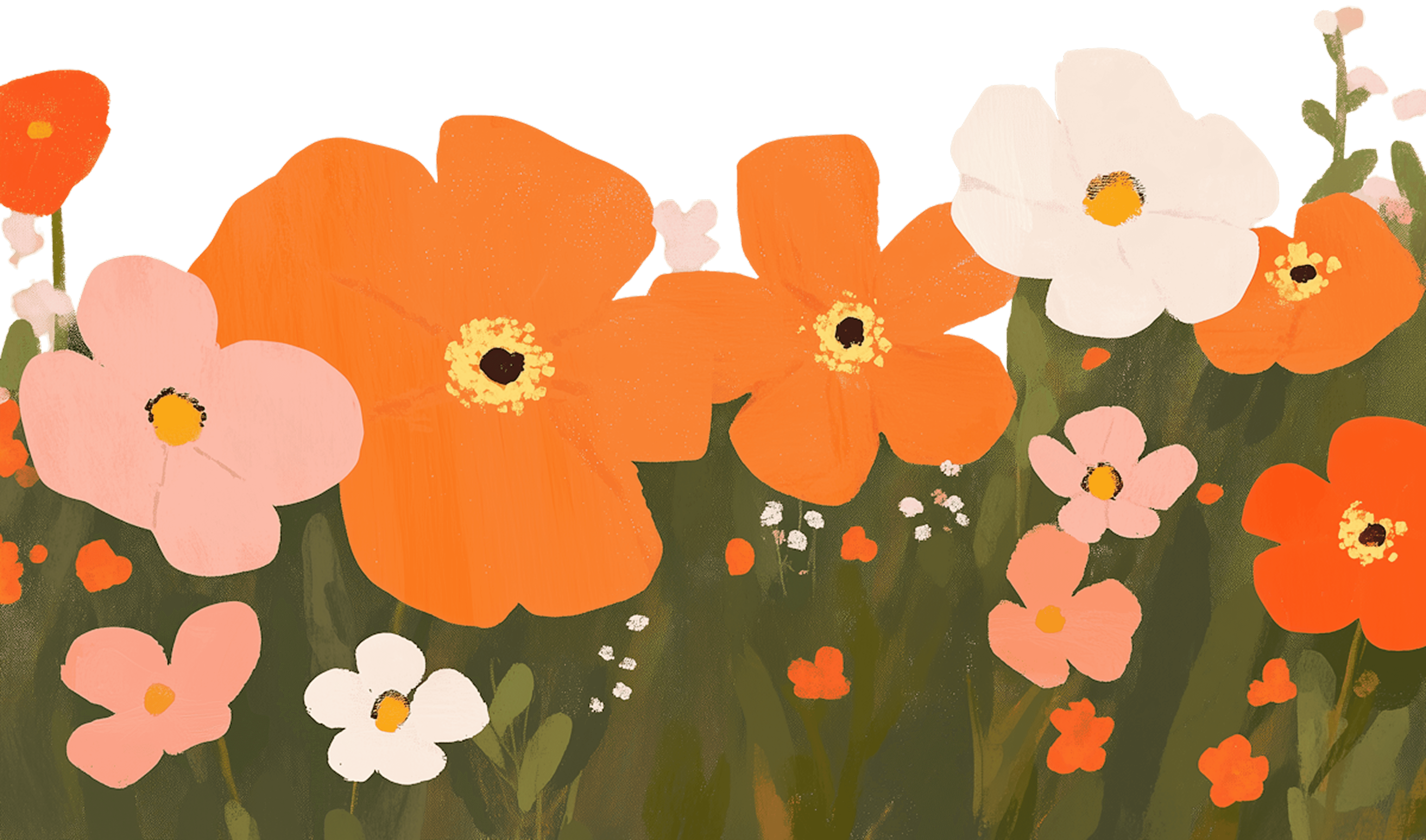 Stylized illustration of orange, pink, and white flowers with green stems, set against a black background