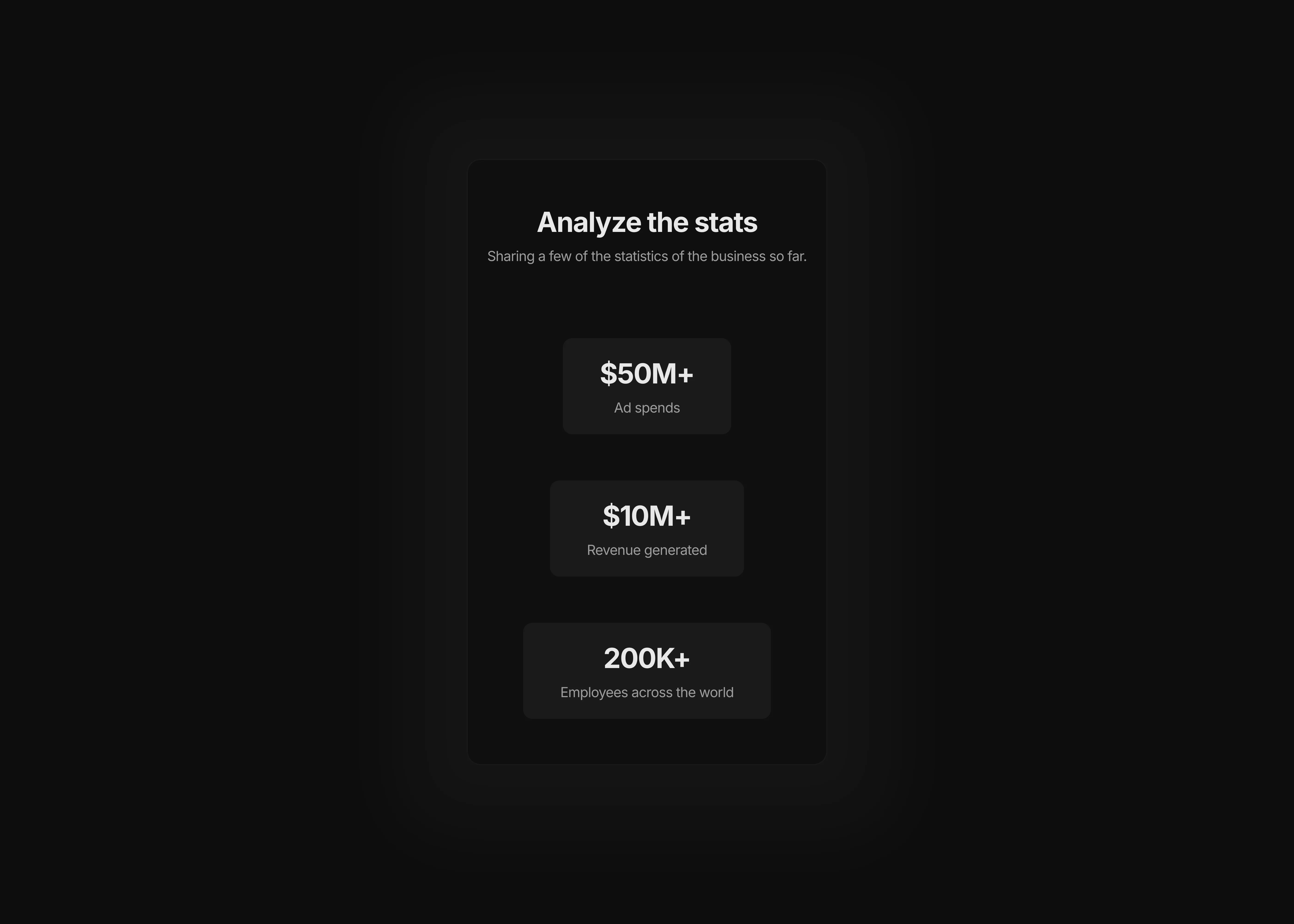 A dark themed stats section with heading and supportive paragraph, optimized for mobile screens
