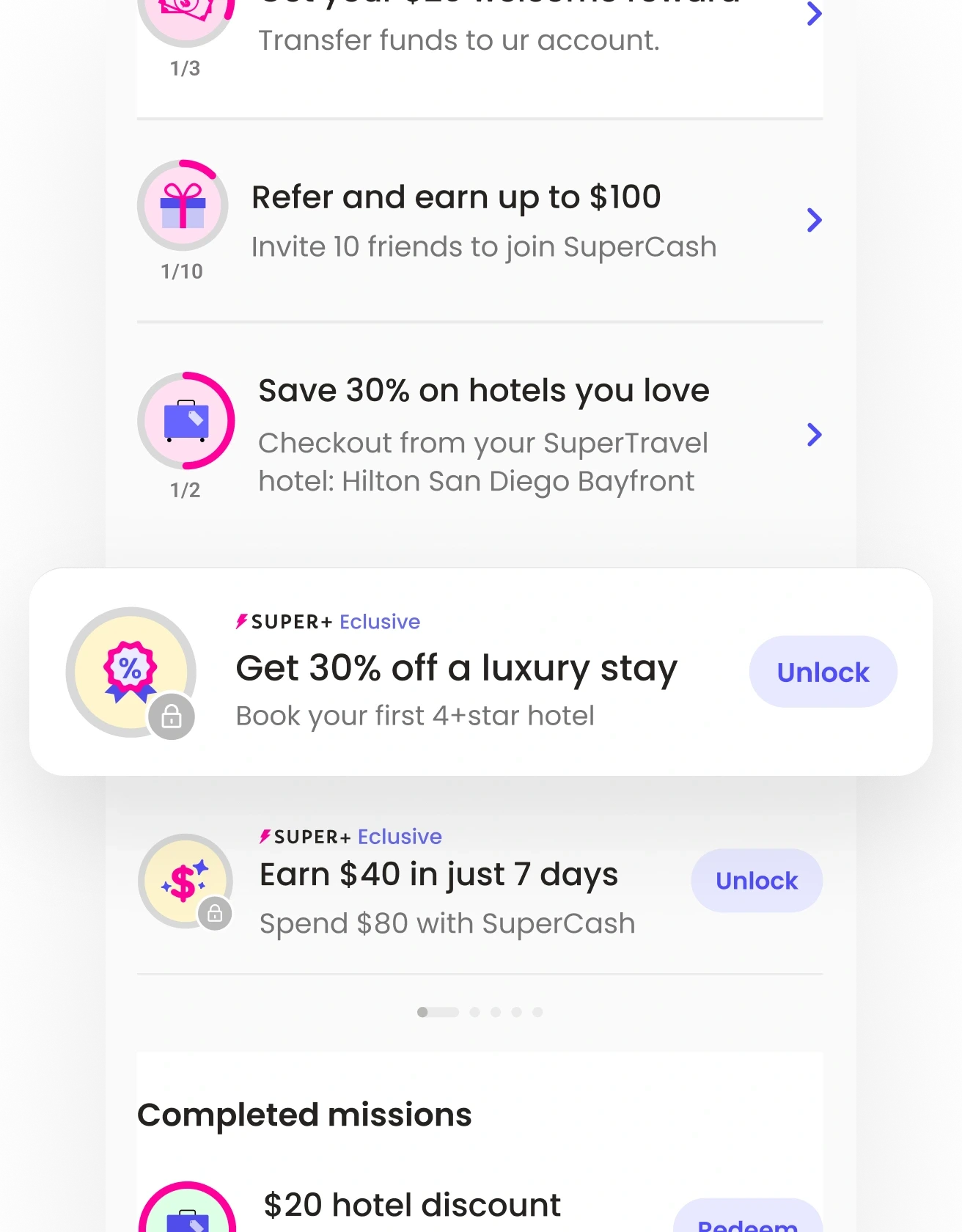 UI mockup of Super.com’s Missions showing exclusive Super+ rewards like 40% off luxury stays and $40 cashback, demonstrating how tiered missions encouraged upsells and deeper engagement.