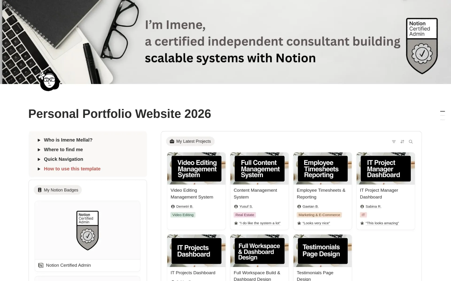 Screenshot of the Personal Portfolio Website 2026 Notion site showing project highlights, testimonials, and contact information.
