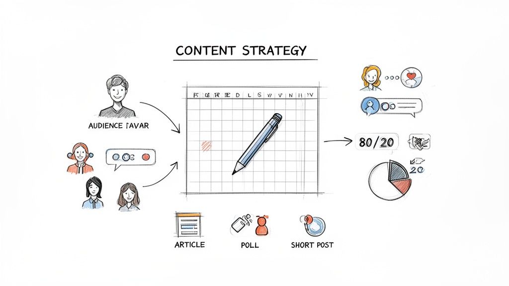 Illustration detailing content strategy: audience, planning calendar, content types (articles, polls, posts), and performance analysis.