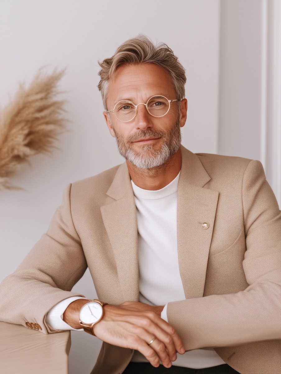 A man with light hair and a beard sits against a neutral background, wearing a beige blazer and white shirt.