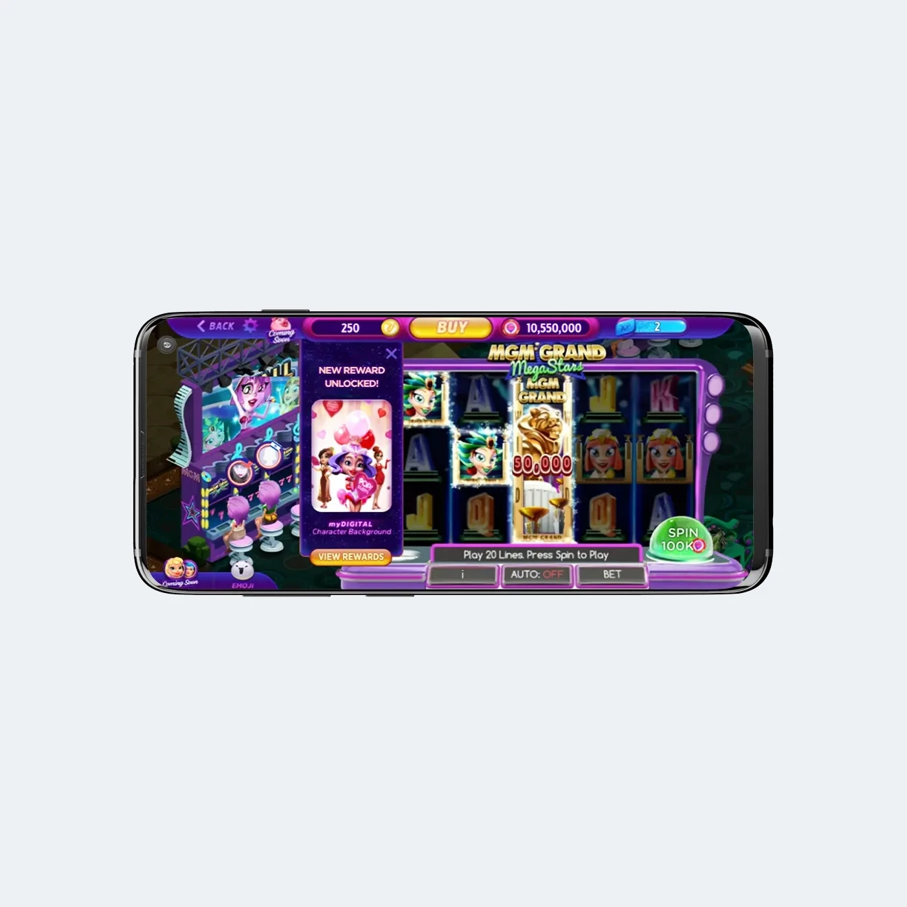 Mobile game UI design showing a 'New Reward Unlocked' drawer with character customization items, designed to enhance player gratification and retention.