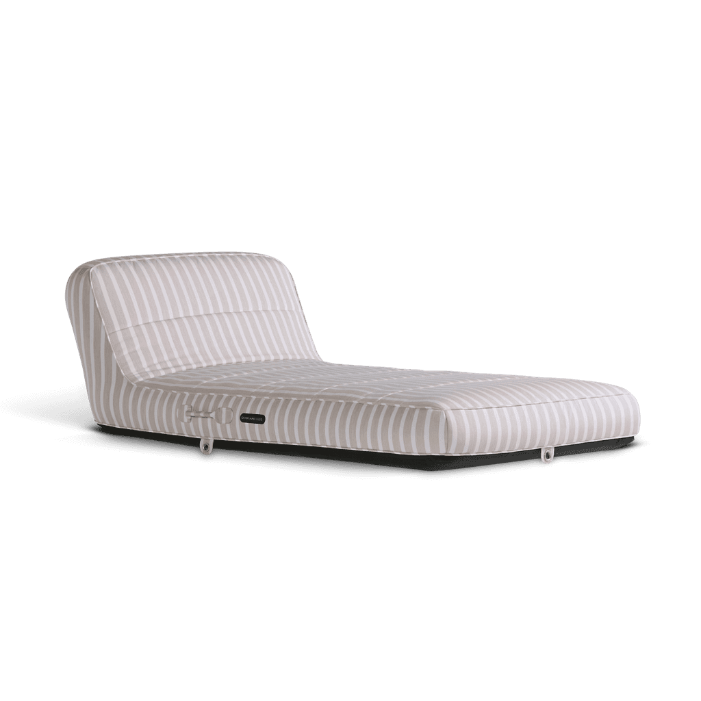 Luxury single pool float in beige-and-white stripe canvas with raised headrest and jet-black base