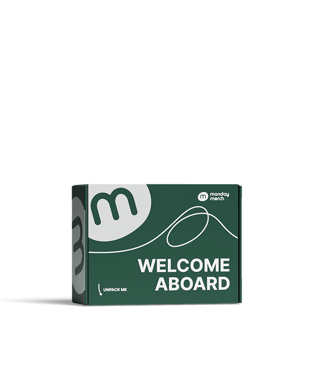 A green card with the text "WELCOME ABOARD" and stylized mountain graphics, representing a warm greeting.