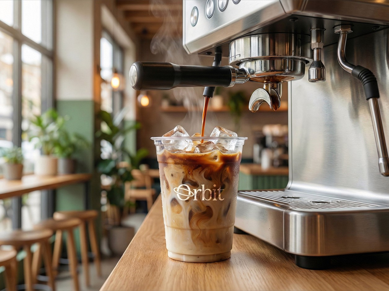 Espresso pouring into iced coffee with Orbit branding in a modern café setting