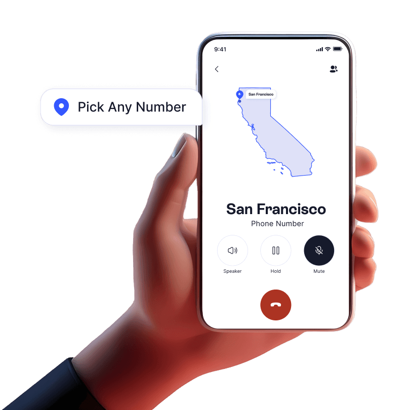 San Francisco shown on a map with location pin and area code displayed, indicating a local business number on LinkedPhone.