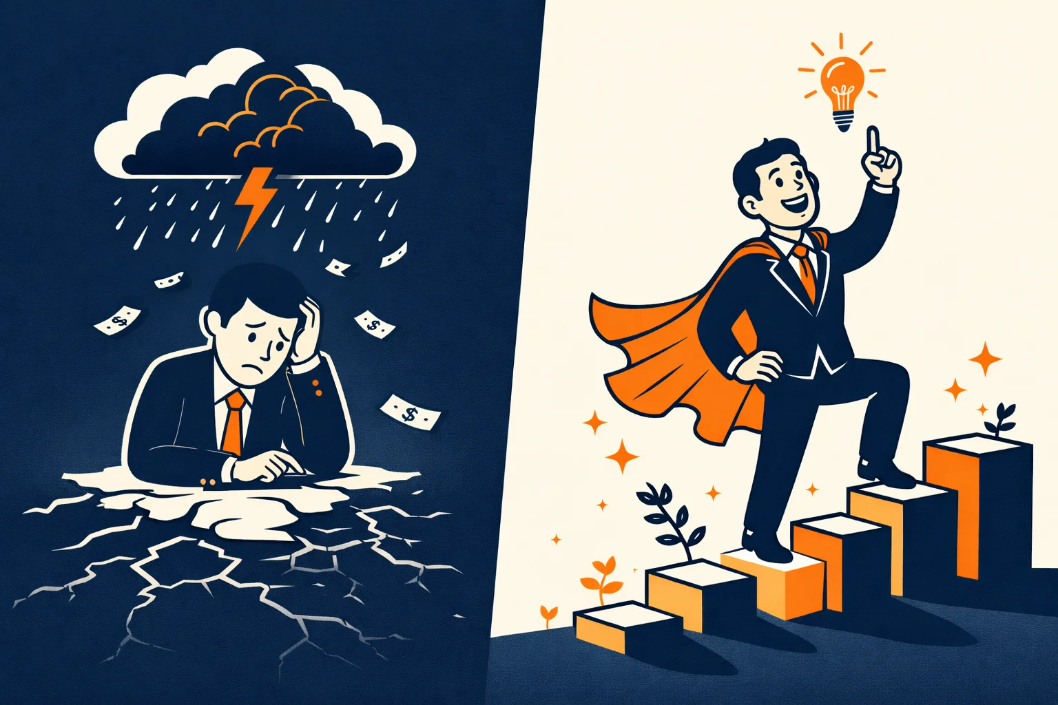illustration-of-sad-man-under-storm-and-happy-man-climbing-steps-with-lightbulb-and-cape