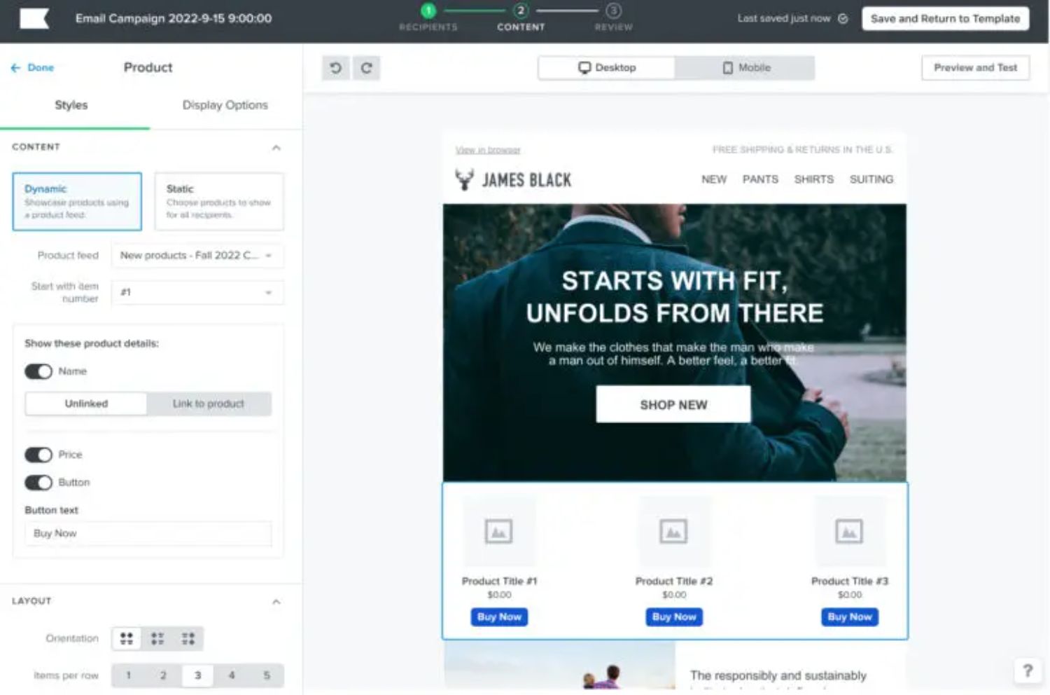 Klaviyo Personalize Recommendations Using AI – A screenshot from Klaviyo's email builder featuring AI-driven product recommendations. The email layout dynamically adapts product suggestions based on customer behavior and purchase history.