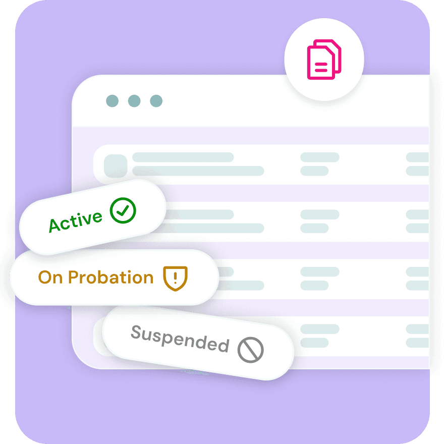 Lounge suspension management dashboard showing chapter statuses labeled active, on probation, and suspended