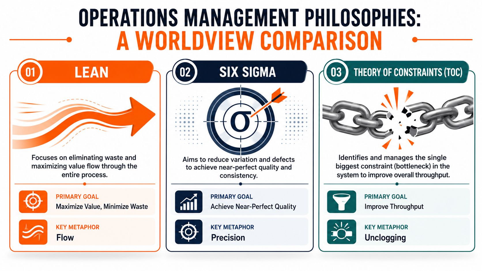 An infographic comparing Lean, Six Sigma, and Theory of Constraints as key operations management philosophies.