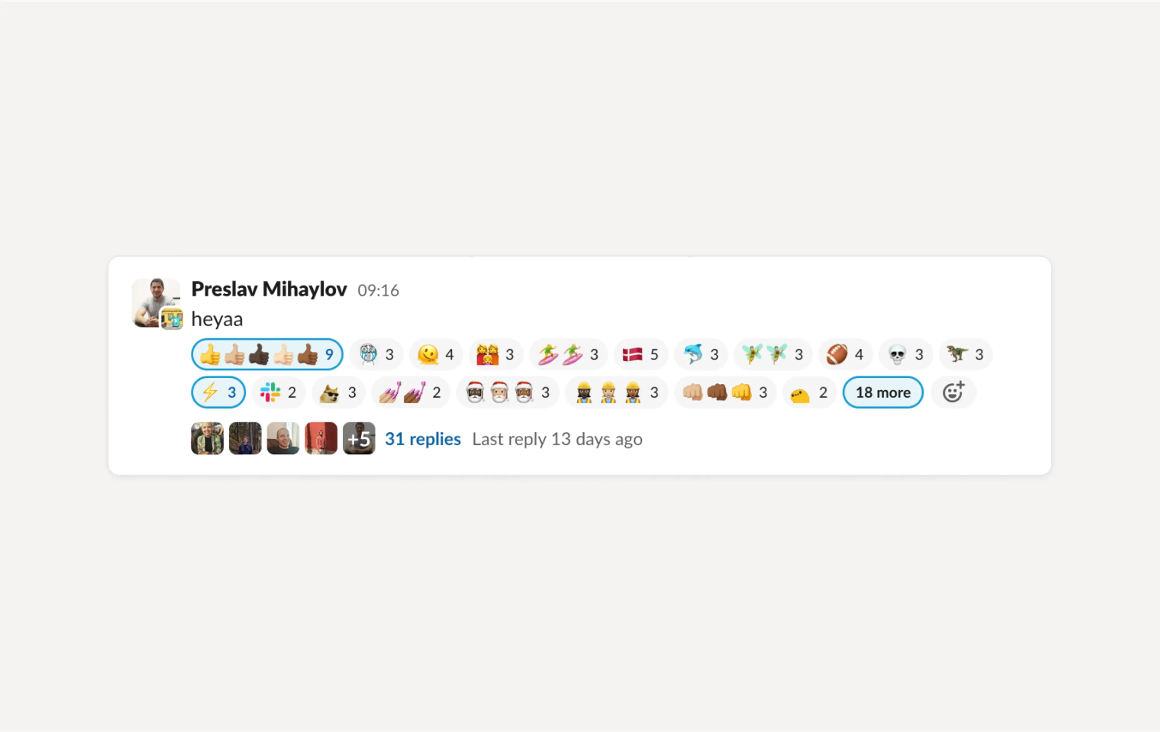 Image shows lots of Slack reactions on a message 