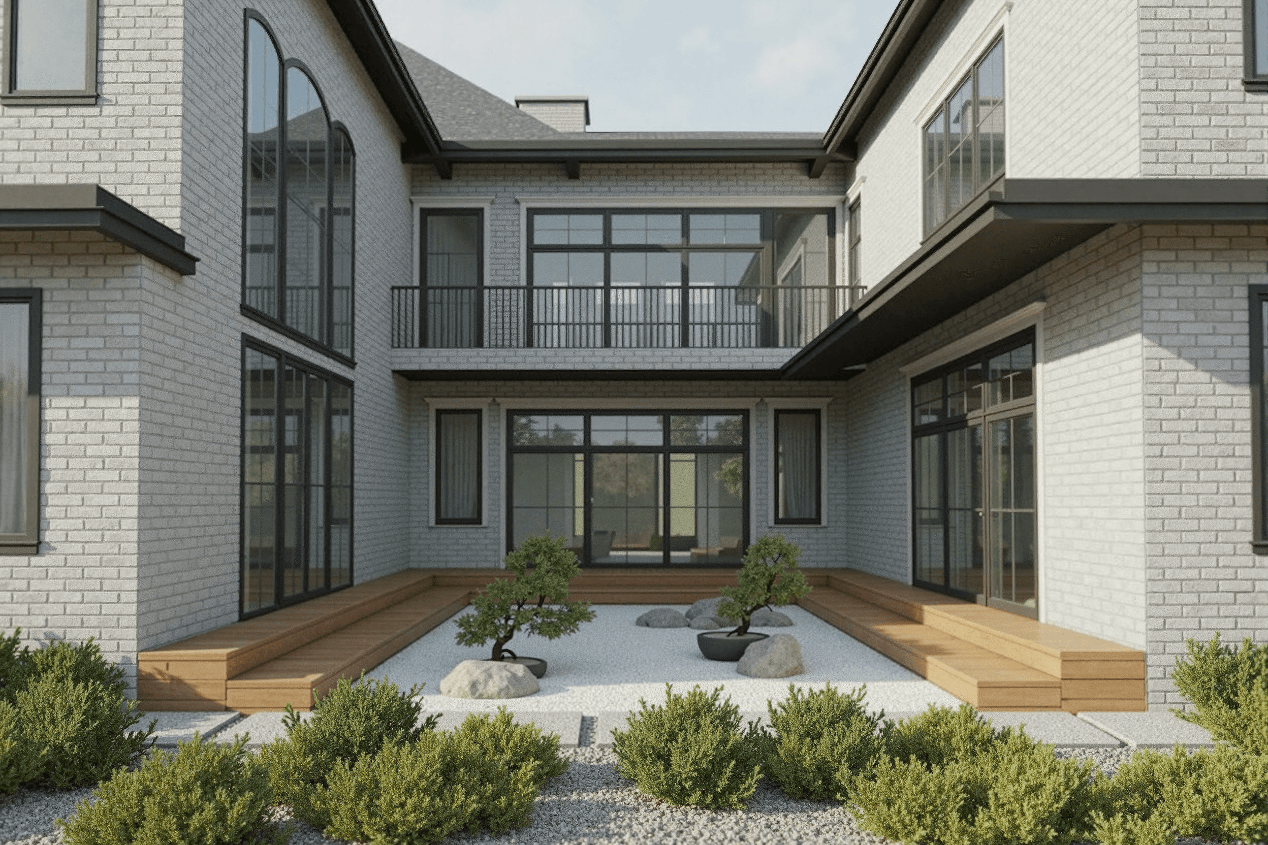 brick veneer-white-new england-detached garage-driveway-chimney-modern-minimalist-cfs-framing-hopkinton-ma-mava-courtyard-zen garden-overhangs-double height-window-gravel