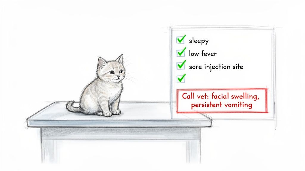 A cute kitten next to a vet checklist showing common and serious post-vaccination symptoms.