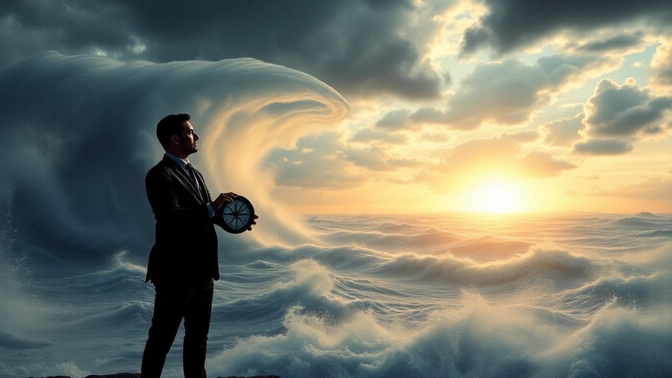Business resilience against a storm, compass pointing to a sunny horizon.