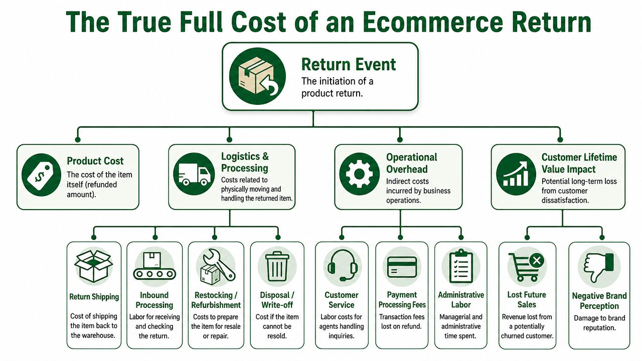 A diagram illustrating the full breakdown of hidden costs involved in an ecommerce product return process.