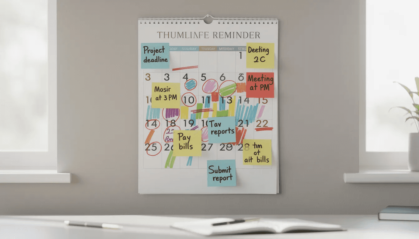 A wall calendar is displayed with several marked dates and colorful sticky notes attached, indicating important deadline reminders for real estate investments. This visual aids in tracking key dates for Delaware statutory trust (DST) offerings and capital gains tax considerations for real estate investors.