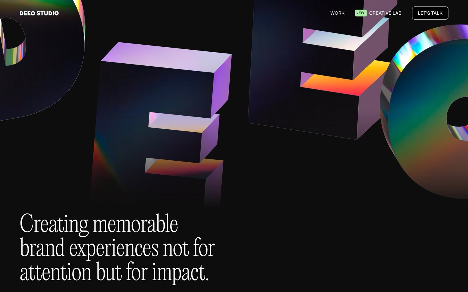 3D letters "DEEO" with colorful gradient lighting on black background. Text: "Creating memorable brand experiences not for attention but for impact.