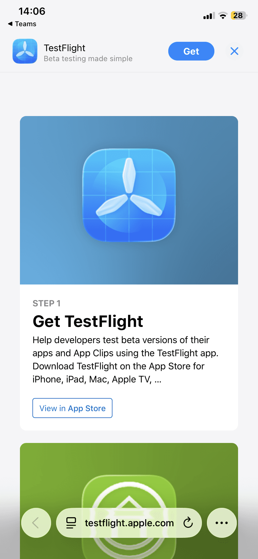 TestFlight-uitnodigingspagina met de knop ‘Get TestFlight’