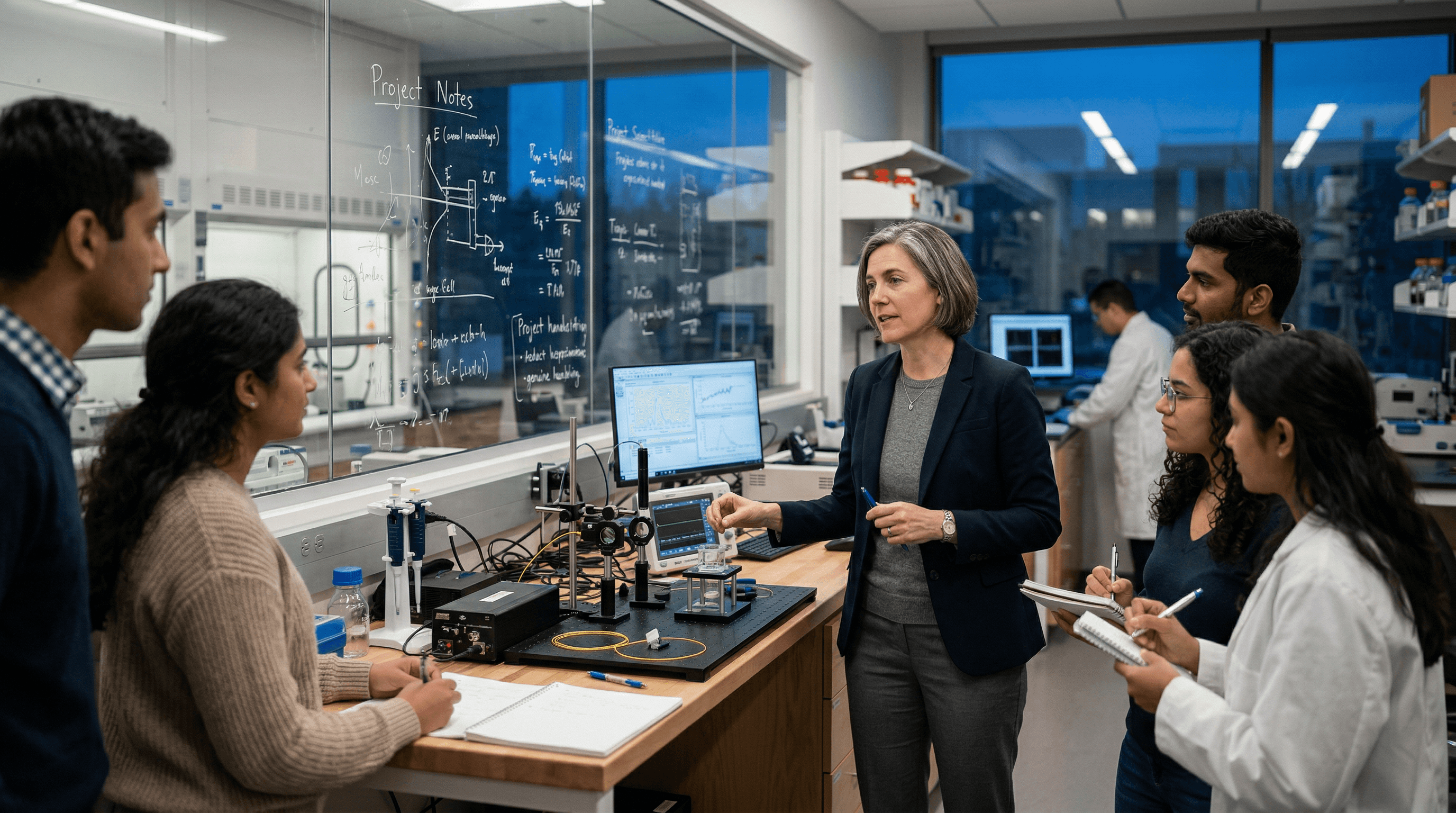 A professor in a lab talking with her students