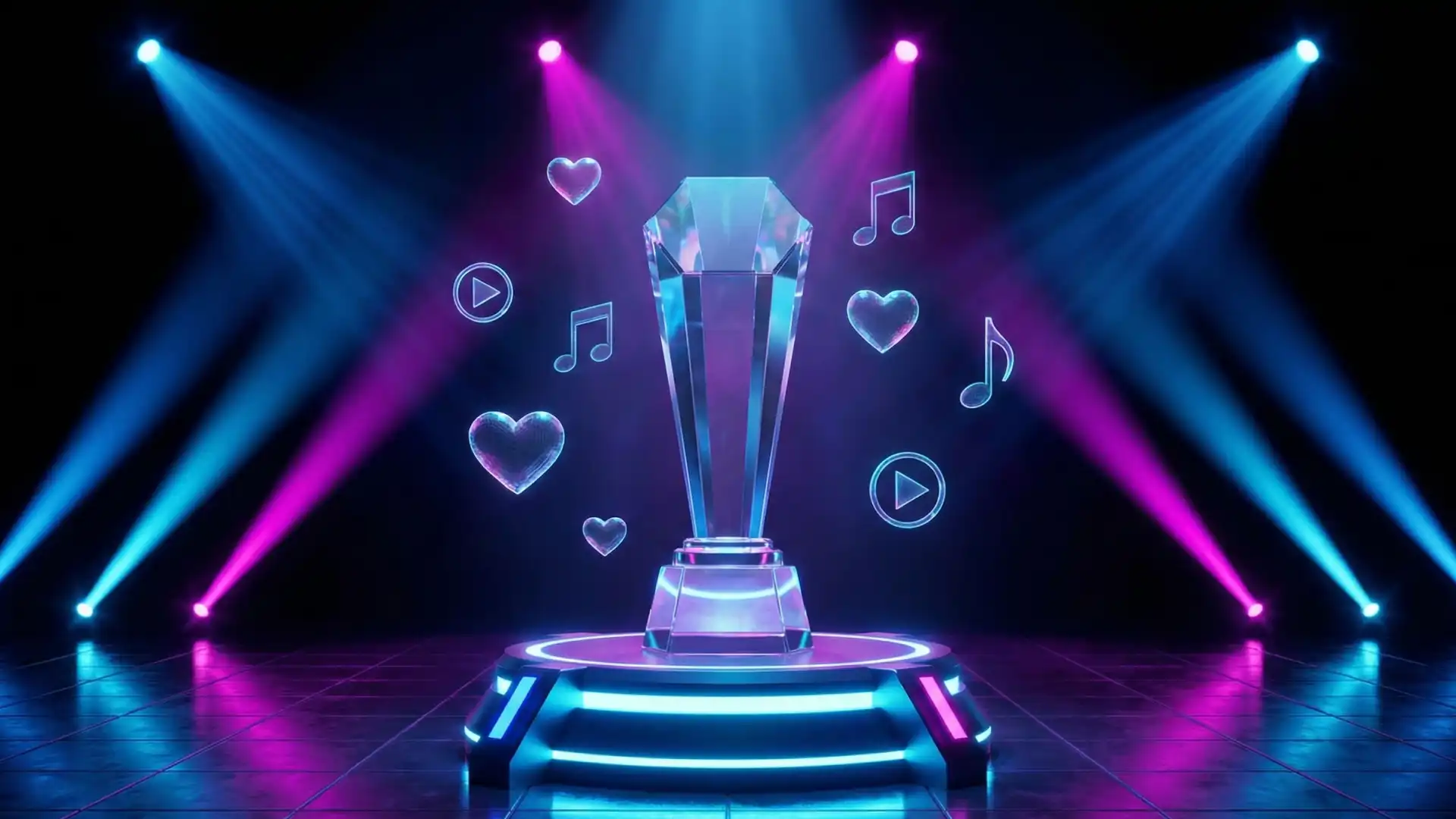 Crystal trophy surrounded by floating neon icons symbolizing the digital creativity honored at the TikTok US Awards.