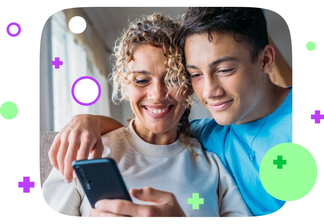 Mother and son looking at a smarthphone