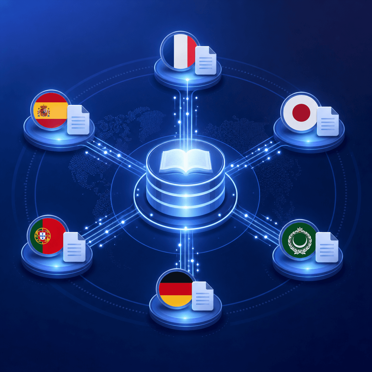 A sleek abstract illustration of a central glowing knowledge base hub connected by radiating pathways to multiple language flags and document icons representing French, Spanish, Portuguese, Japanese, Arabic, and German, all arranged in a circular network pattern, with soft blue and indigo gradient tones, representing cross-lingual retrieval and information flow across languages, minimalist professional style, no text or letters