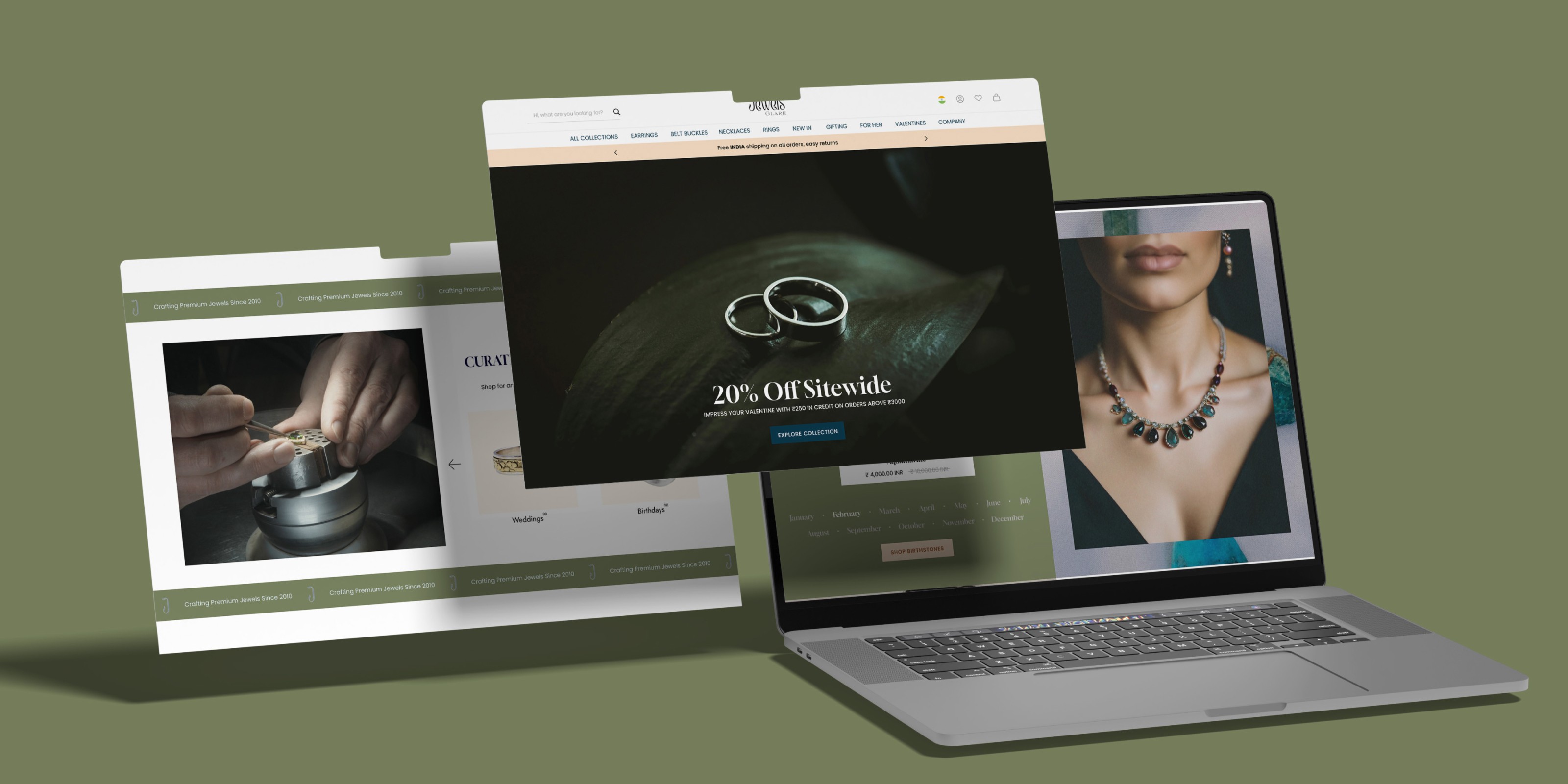 Collage of laptop and tablet screens displaying a jewelry website with various sections including a 20% off sitewide promotion, handcrafted jewelry, wedding rings, birthstone jewelry, and a detailed view of a necklace on a model.
