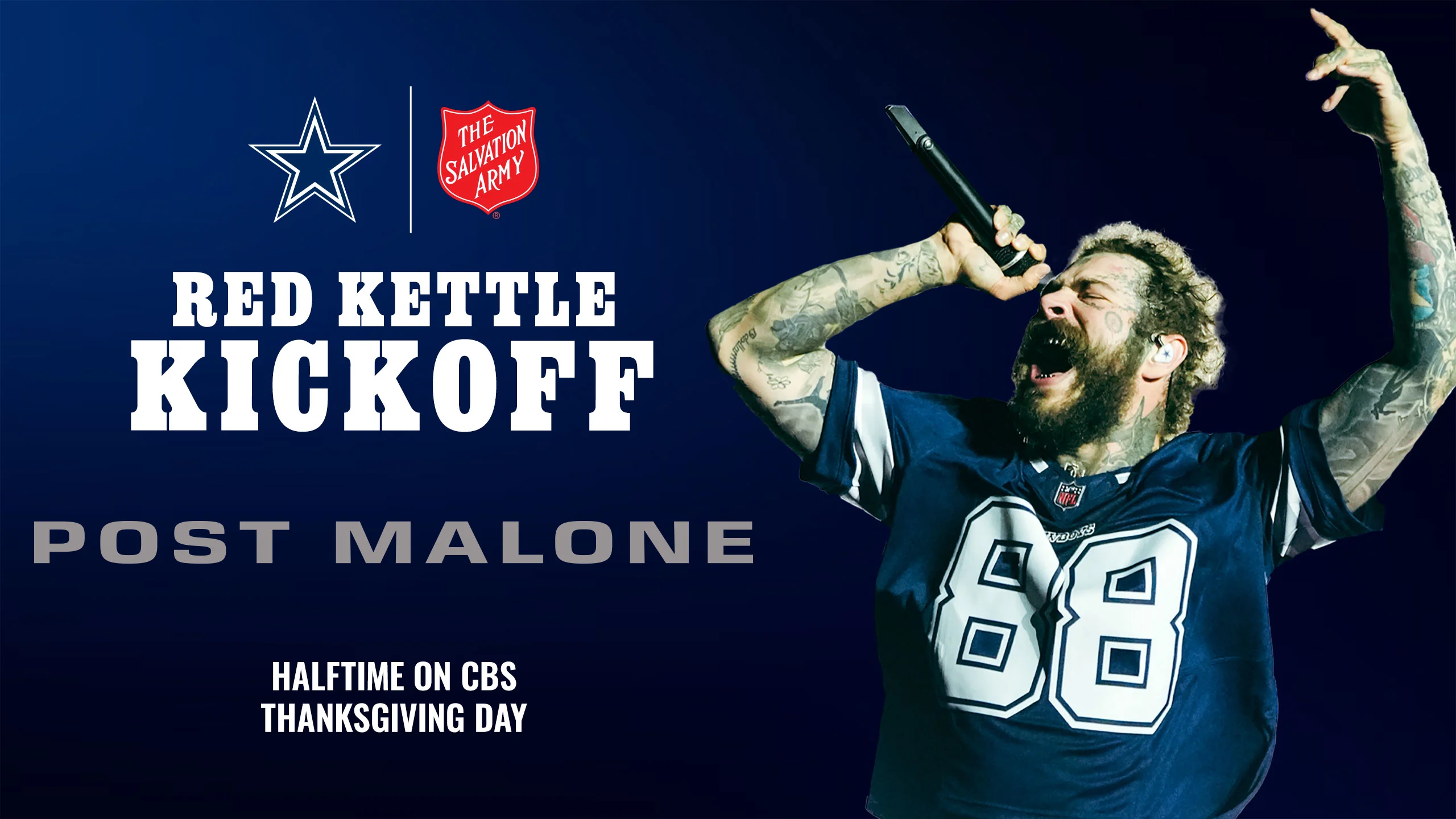 Dallas Cowboys and Red Kettle Kickoff Banner of Post Malone